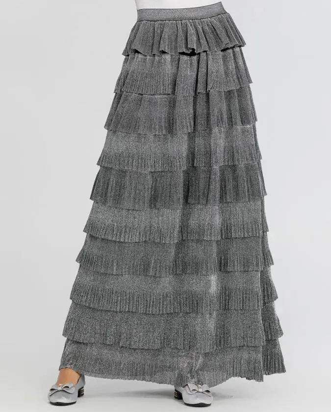 Spring High Waist Multi-color Patchwork Cakee Layered Maxi Long Skirt Women Elegant Long Sweet Long Tiered Skirt Girl - Цвет: gray Skirt