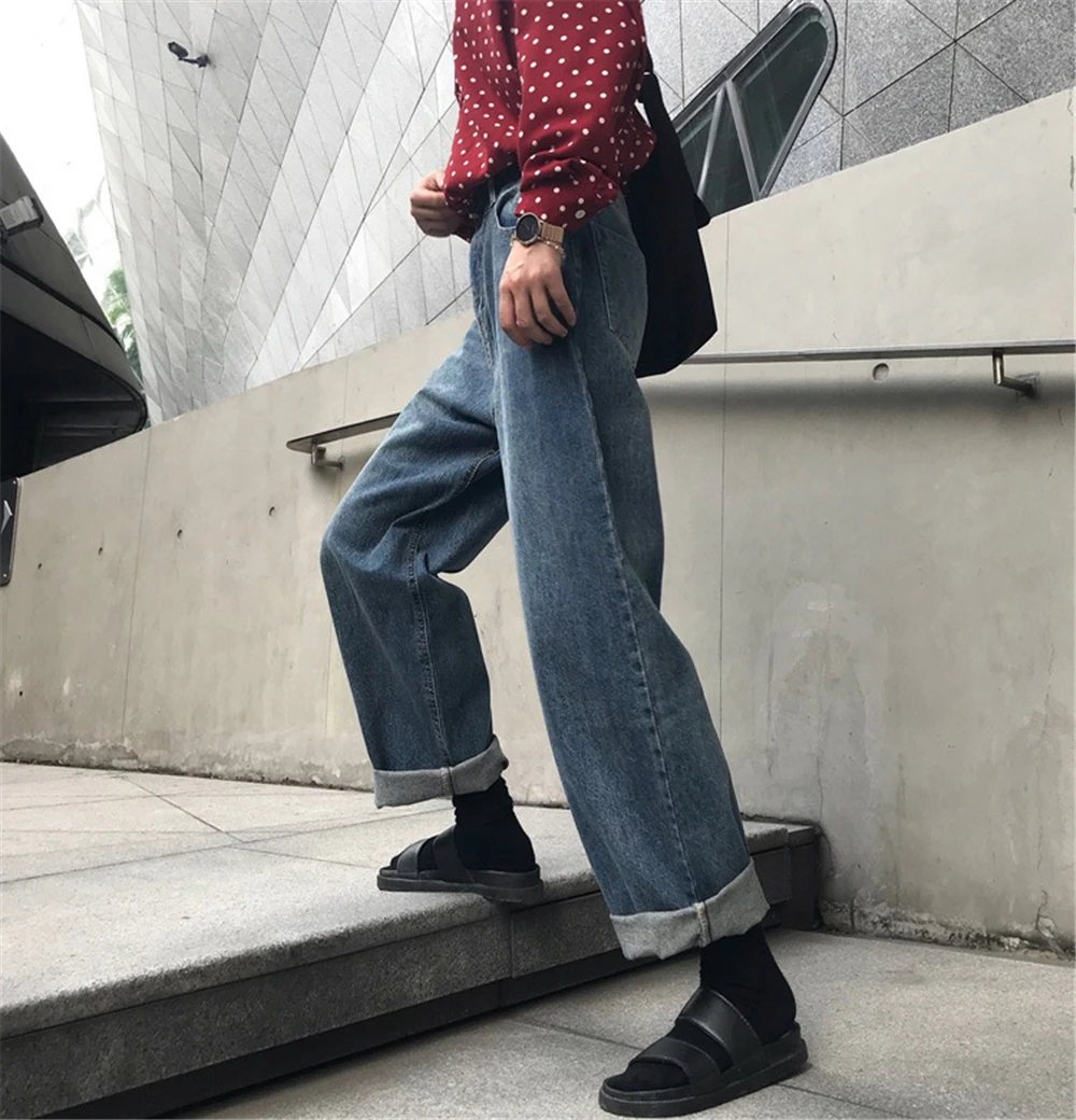Женские демисезонный Высокая талия промывают широкие джинсы Harajuku стиль Ретро свободные уличный тренд хип хоп джинсовые мотобрюки