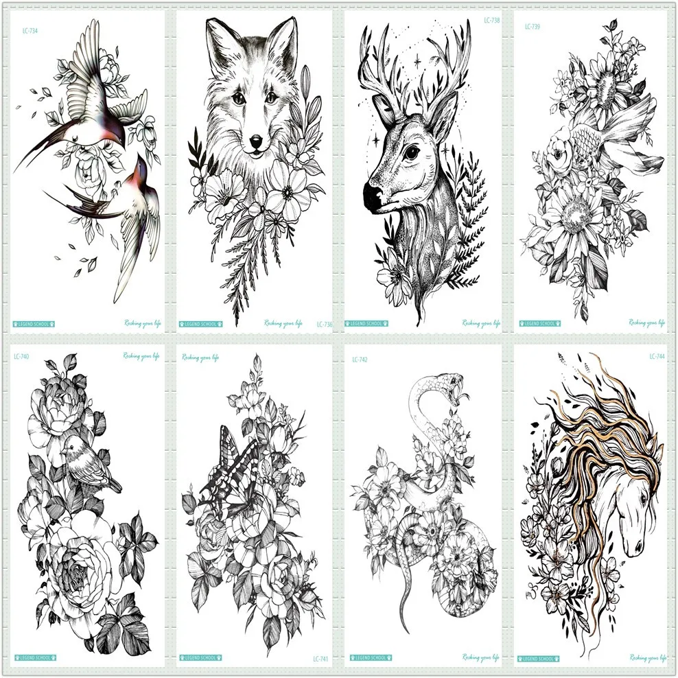 144 46 De Réductionrocooart Noir Croquis Tatouage Autocollant Cheval Taty Loup Oiseau Serpent Faux Tatouage Art Corporel Temporaire Tatouage