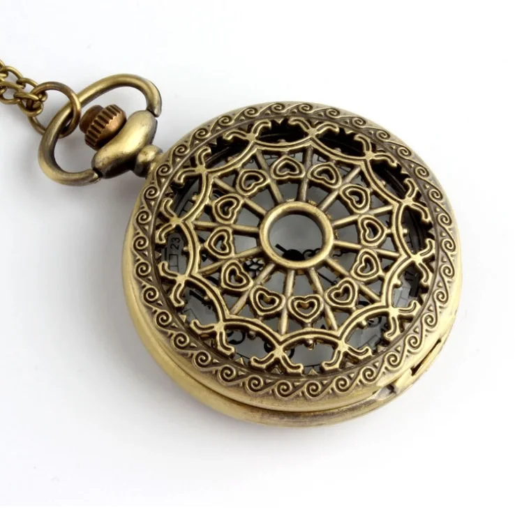 Новый Винтаж карманные часы Женщины цепи ожерелье Hollowed сердца Web бронза стиль ювелирные изделия дропшиппинг