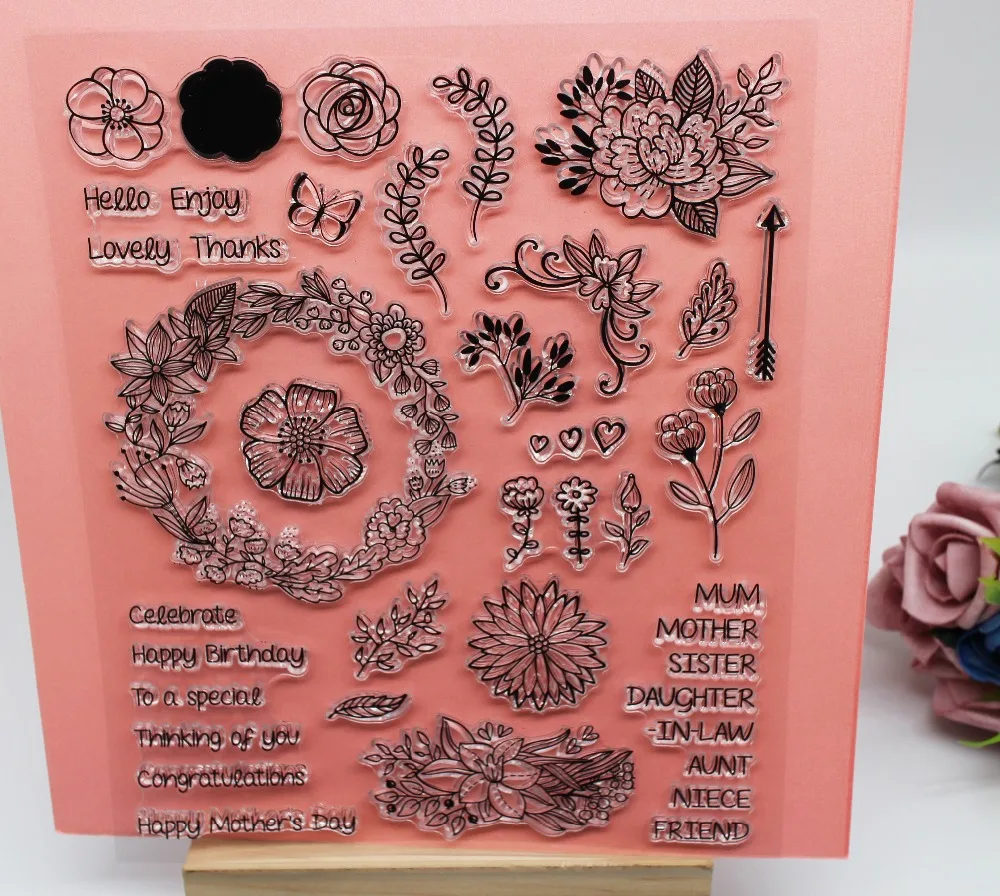Ulang Tahun Hari Ibu Frase Clear Stamp Daun Bunga Silikon Cap Seal Untuk Scrapbooking Foto Album Dekorasi Bunga Clear Stamp Perangko Aliexpress