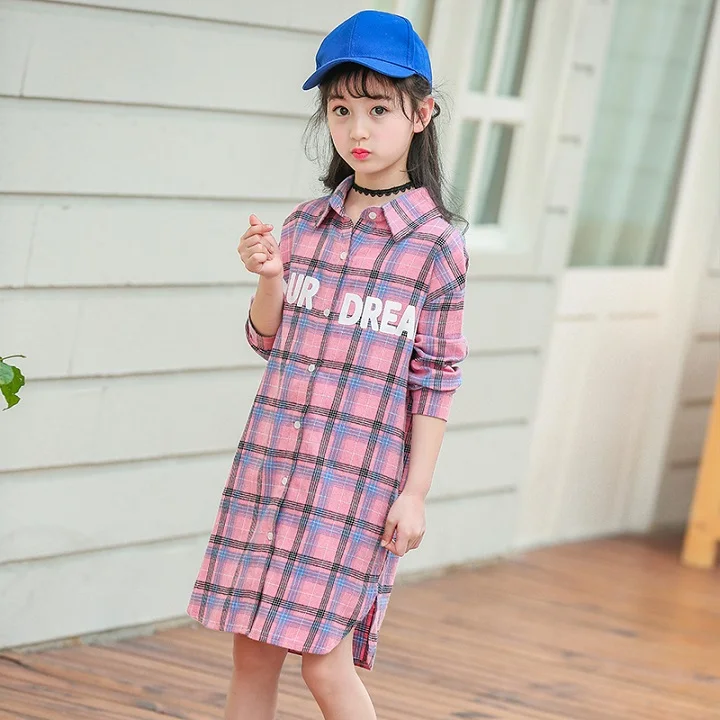 Розовый Girls Long Shirts Long Sleeve Cotton Plaid Blouses for Baby Kids Clothes Girls Dresses Casual Outfits Vestidos 6 8 10 12 Years - Цвет: Розовый