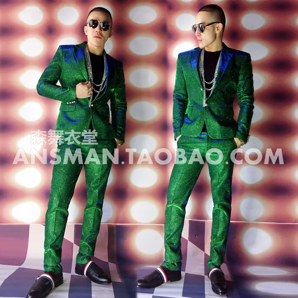

New Arrival! Nightclub Male Singer Dancer Performance clubwear Fashion Green Sequins Slim Suits Wedding Prom Wear stage show
