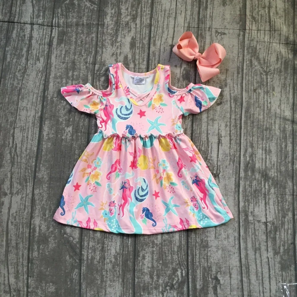 

1 piece coral flower seaworld bare shoulder dress baby girls kids wear dress Summer outfit boutique clothing match bow milk silk