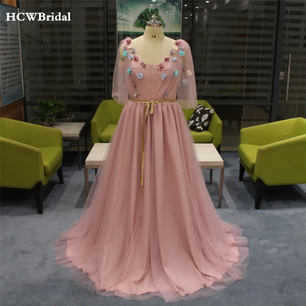 

Dusty Rose Flowers Long Evening Dress A Line Tulle Occasion Gowns With Long Sleeves For Wedding Party Dresses Robe De Mariee