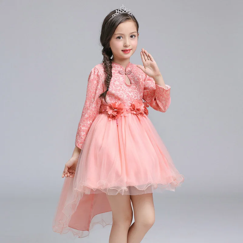 

Chinese Style Traditional Cheongsam Costume Dress Girls Long Sleeve Princess Party Autumn Winter Performance Trailing Dress Pink