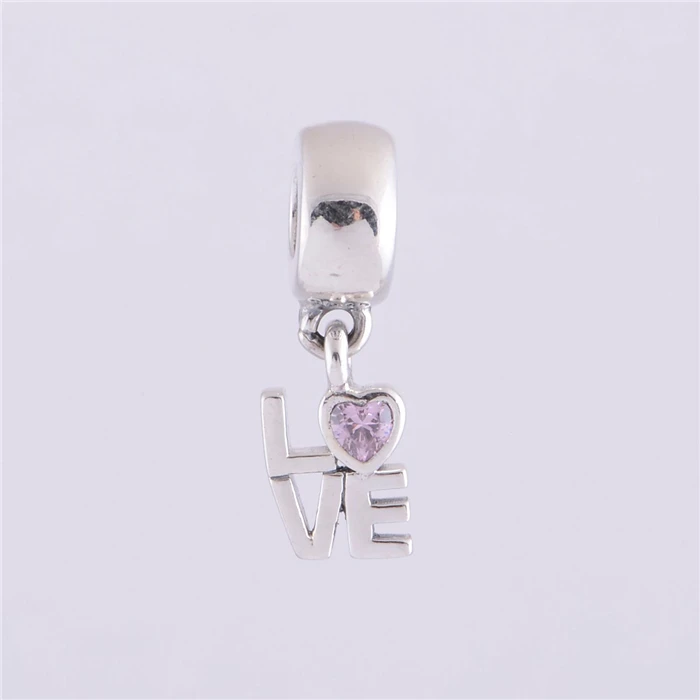 

LW336 Pink Love Crystal Dangle Beads Authentic 925 Sterling Silver Love Beads Fits European Pandora Charm Bracelet for Jewelry