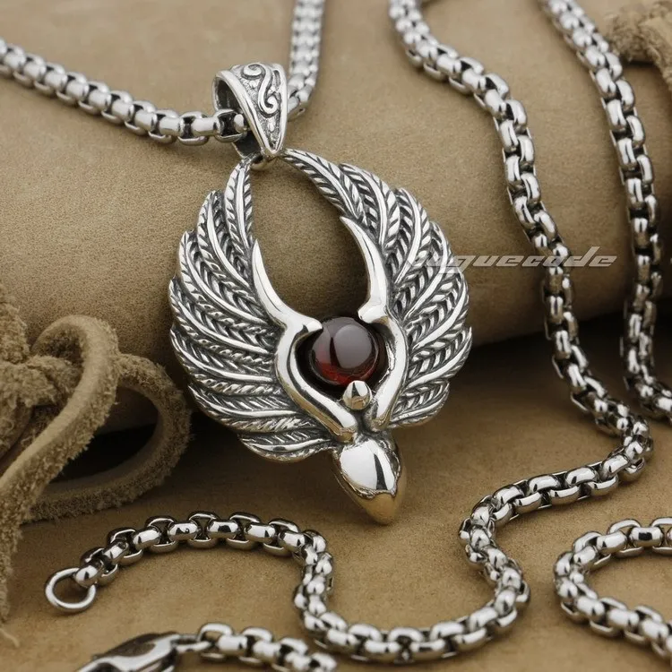 925 Sterling Silver Angel Wing Red CZ Stone Fashion Pendant 9L008(Necklace 24inch)