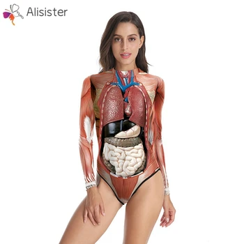

Funny Organ 3D Printed One Piece Swimsuit Loog Sleeve Zippered Surfing Bathing Suit Swimwear Women