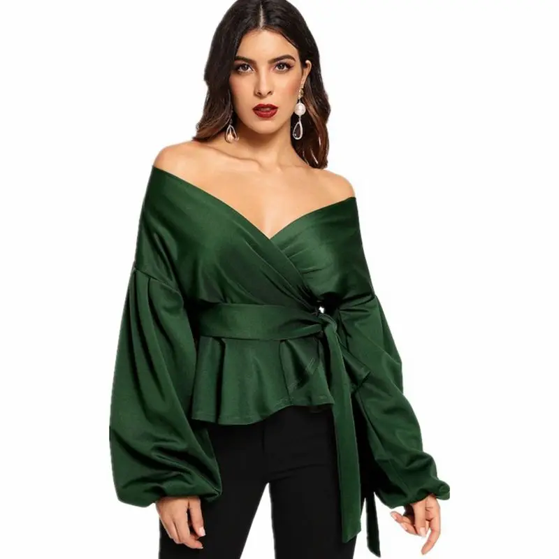 

KAMIYING Lady Elegant Lantern Sleeve Off the Shoulder Solid Blouse Autumn Sexy Women Tops And Blouses