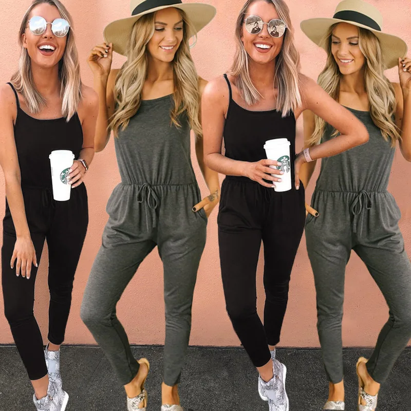 Spaghetti Strap Casual Jumpsuit Elastic Waist Lace up Pencil Long Playsuit with Pockets Sexy Black Gray Summer Jumpsuits Women