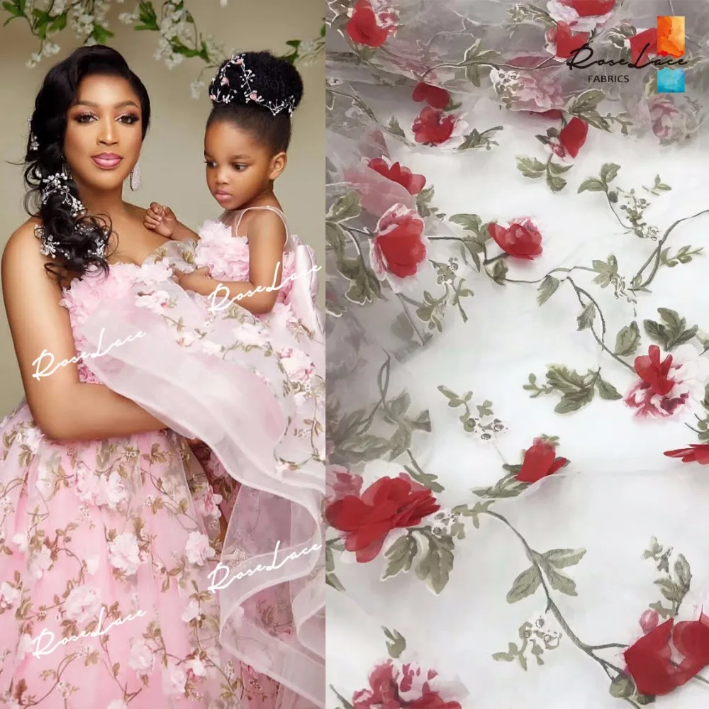 

Red Color 3D Flower Applique Embroidered Net Lace Fabric African French Mesh Lace Wedding Fabrics Fashion Nigerian 3D Material