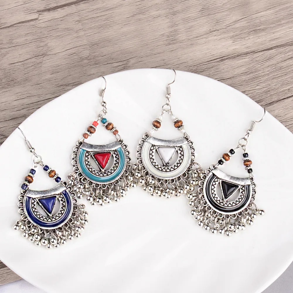 

DOUVEI 2018 Ethnic Women's With Wood Beaded Earrings Alloy Tassel Colorful Drop Earrings Jewelry Bohemian Boho Earrings HXE018
