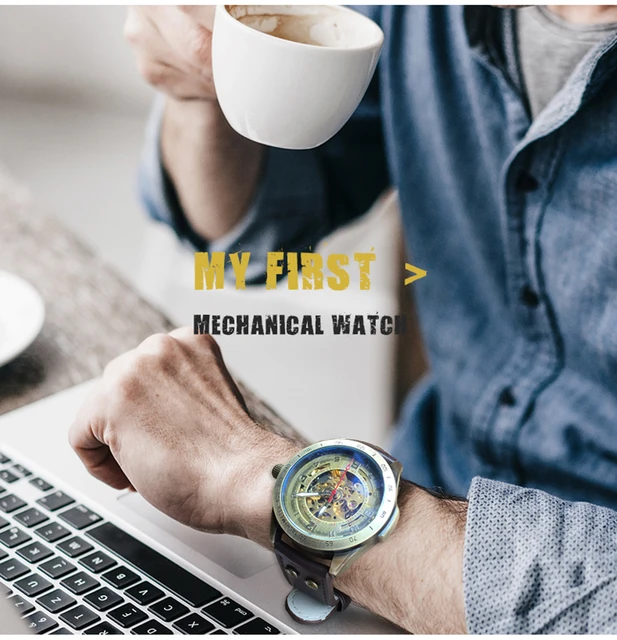 Watch Men Mechanical Automatic Watch Steampunk Skeleton Self Winding Mens Watches Retro Leather Wristwatch Clock montre homme -