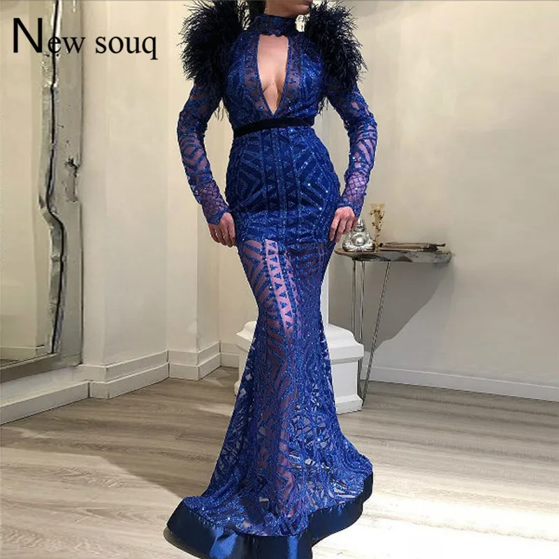 Royal Blue Feather Evening Dresses Long Sleeves Cut out Sexy Party Gowns 2019 Custom Made Arabic Turkish Dress Vestido De Festa