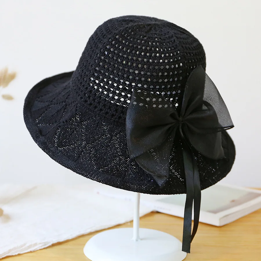 Новая Вязаная Шапка-ведро с бантом однотонная вязаная темпераментная вечерние шапки для женщин большая Солнцезащитная шляпа-капот