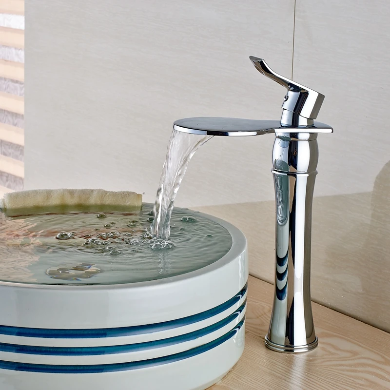 Chrome Brass Waterfall Sink Faucet Deck Mount Bathroom Hot Cold