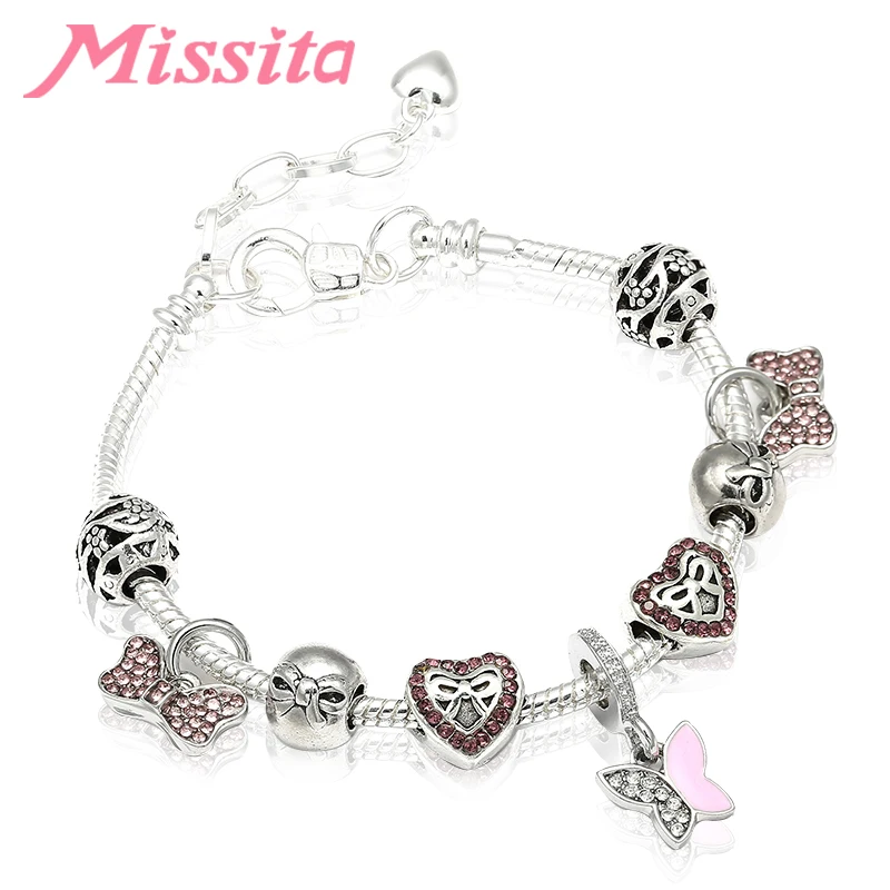 

MISSITA Romantic Bowknot Love Heart Bracelets with Pink CZ Butterfly Pendant Bangle for Women Jewelry Brand Anniversary Gift