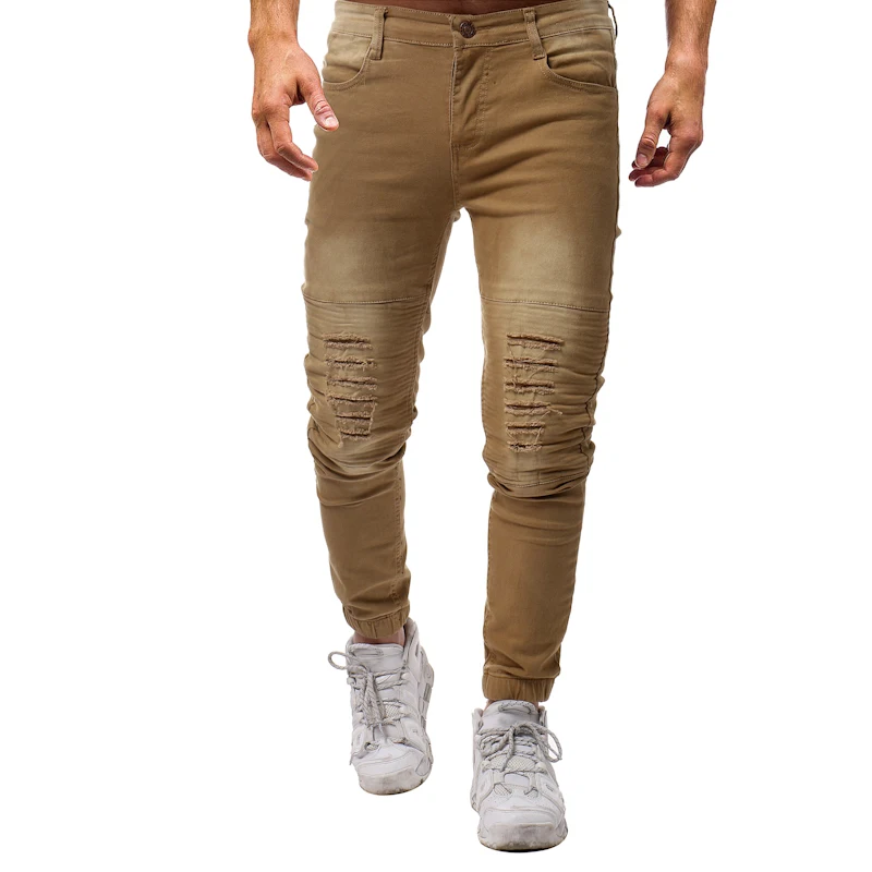 

2019 New Men's Brand Jeans Fashion Solid Washed Pleated Hole Slim Jeans hip-hop Athletes Men's Joggers Trousers Stretch Pants