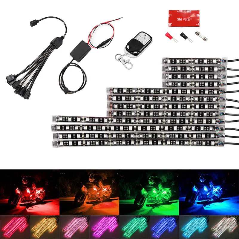 

New Car Motorcycle RGB Flexible Multi Color Neon Glow Lights 12pcs Strips Ground Atmosphere Light with Wireless Remote CSL2017