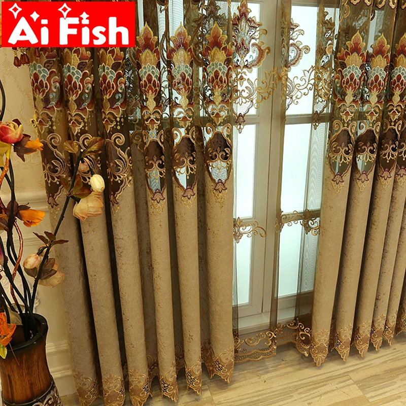 

Luxury Chenille European Style Coffee Curtains For Living Room Embroidered Tulle Fabric Semi-blackout Drapes For Bedroom AP017-4