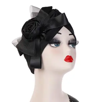 

Hot Women's Muslim Rose Flower Mesh Bowknot Pleated Turban Hat Head Wrap Cap