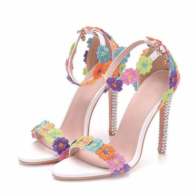 

Rainbow Flower Women's High Heels Sandals Open Toe Shoes Bridal Party Sexy Woman High Heeled Wedding Sandals XY-A0103