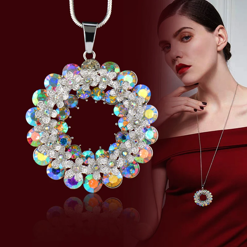 

SINLEERY Rhinestone Flower Circle Pendant Necklace Silver Color Long Chain Women Round Cubic Zirconia Necklace MY361 SSB