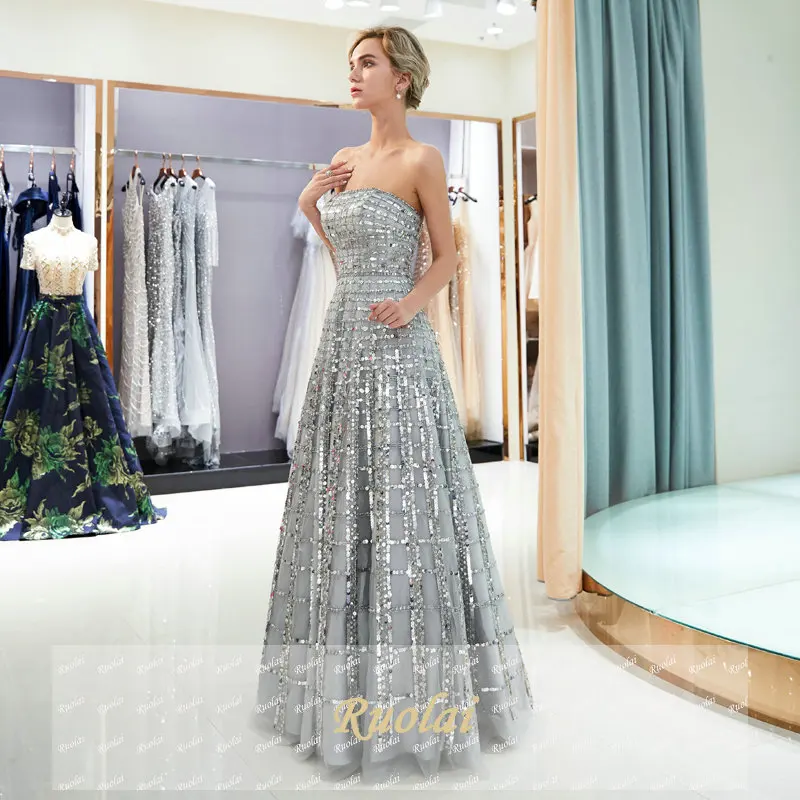 Sparkly Grey Luxury Evening Dresses Long 2019 Sequined Lace Strapless Evening Gowns for Women Formal Party Dress robe de soiree