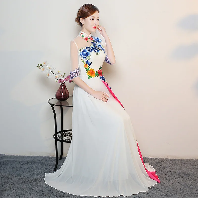 Белые современные Cheongsam Сексуальные Qipao женские длинные традиционные китайские платья восточные Свадебные платья вечернее платье женская Роба в восточном стиле