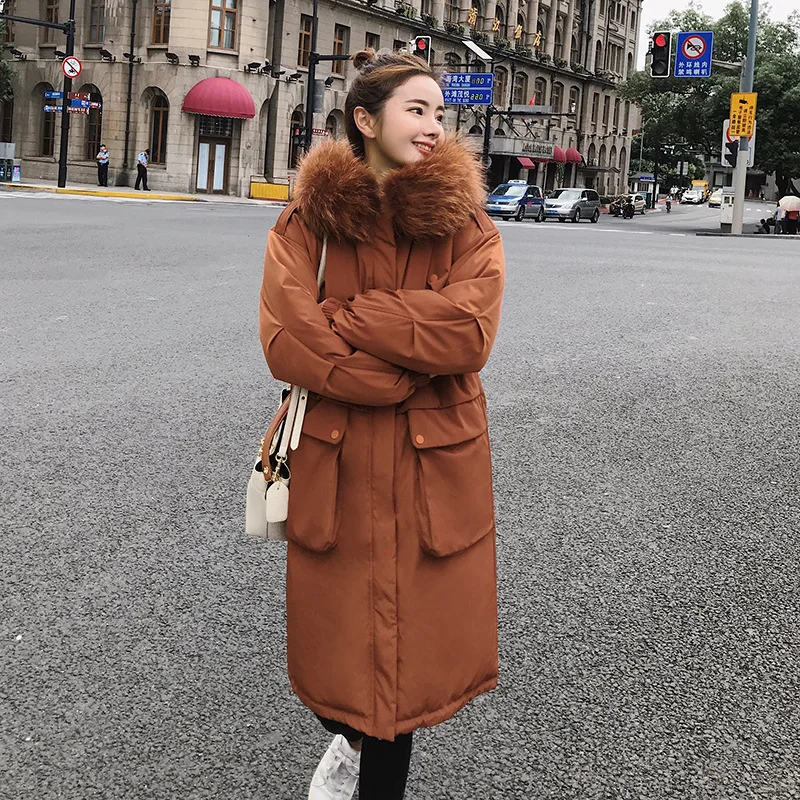 Зимнее длинное пальто с большим меховым капюшоном куртка Толстая теплая Женская