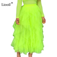 Liooil, асимметричная Женская юбка, мода, летняя, высокая талия, сетка, макси, юбка, неоновый зеленый цвет, сексуальные, Клубные, вечерние, просвечивают, длинная юбка