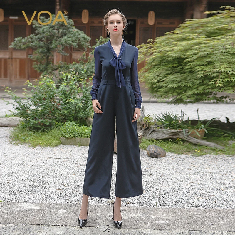 

VOA Women Sexy Silk Jumpsuits Spring Summer Plus Size V Neck Elegant Pants Navy Blue Office Ladies Wide Leg Jumpsuits K5995