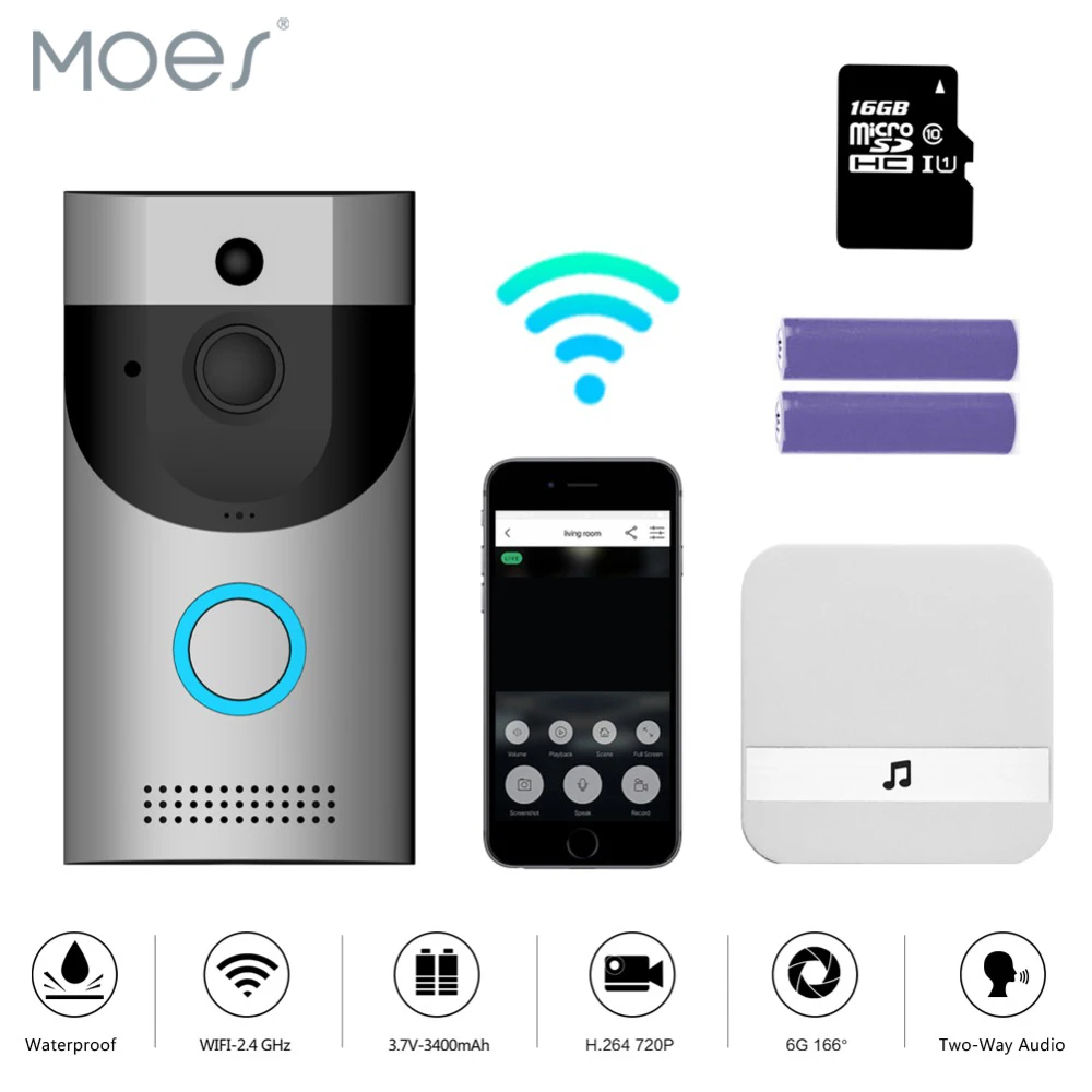 

WiFi Video Doorbell Camera IP68 Waterproof 720P Real-Time Video Two-Way Talk Night Vision PIR Motion Detection
