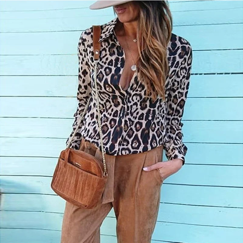 

Women's Tops Ladies Shirts V Neck Retro Fashion Long Sleeve Vintage Animal Print Blouse Plus Size Casual Loose