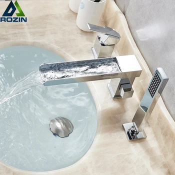 

Long Spout Waterfall Bathtub Faucet Widespread Chrome Tub Mixer Faucet Deck Mounted 3 Holes Waterfall Bath Shower Set Handshower