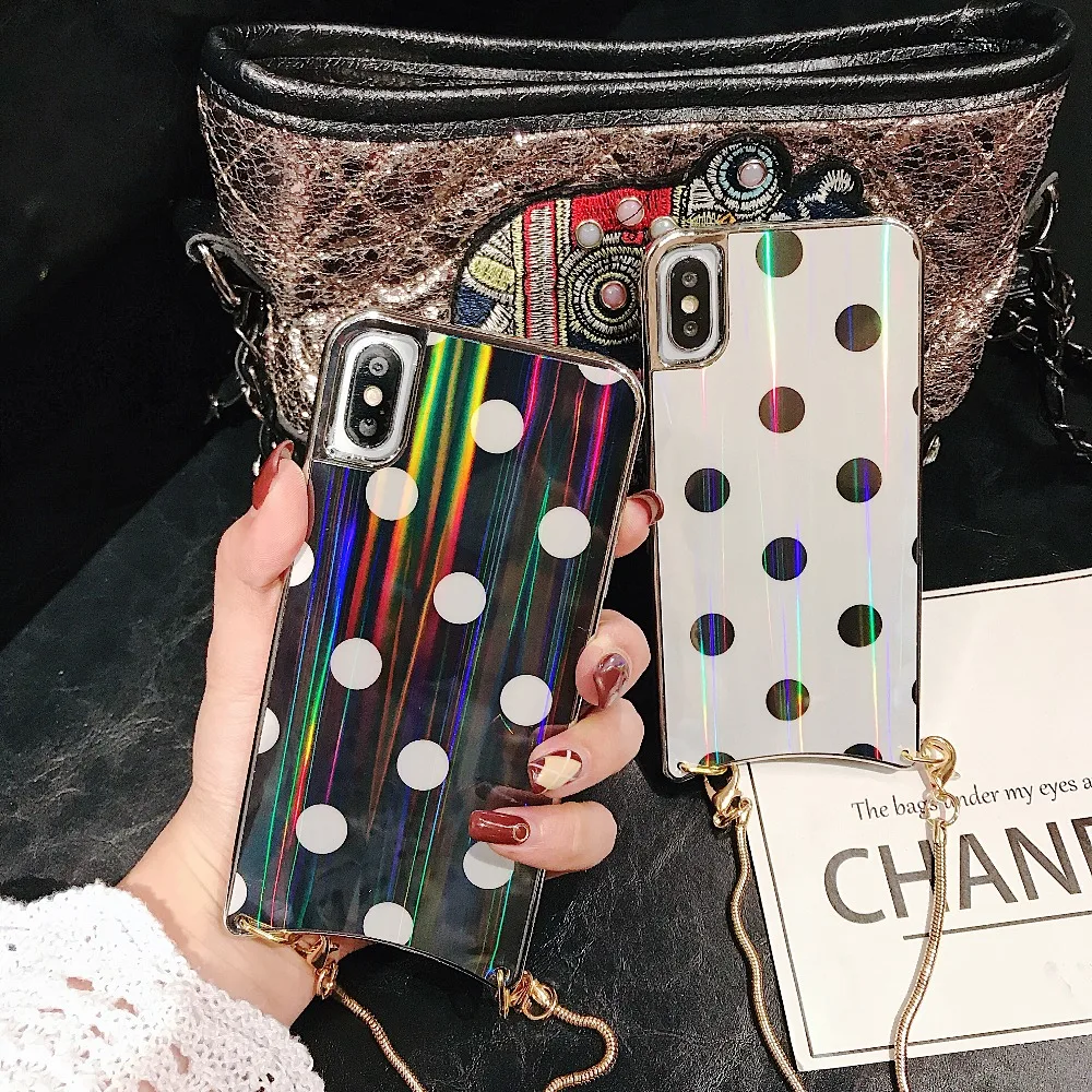 Girly Case For iPhone Xr X Xs Max Cover Korean Aurora Gradient Color Dot Skin Bag Cases For iPhone 7 8 Plus 6S Case + Long Chain (5)