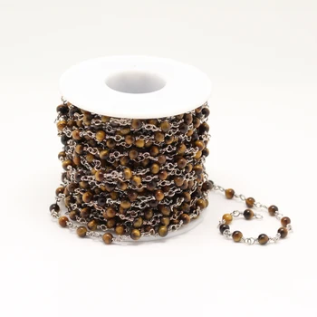 

Natural Yellow Tiger Eye Round Beads Shaped Chains,Wire Wrapped Silver Plated Links Bracelet Jewelry,4mm,5 Meters