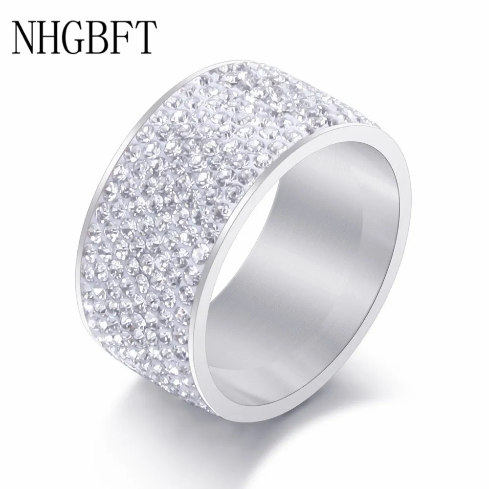 NHGBFT 12 мм широкий женский белый кристалл CZ кольца золото/черный цвет нержавеющая сталь кольцо Свадебные ювелирные изделия дропшиппинг