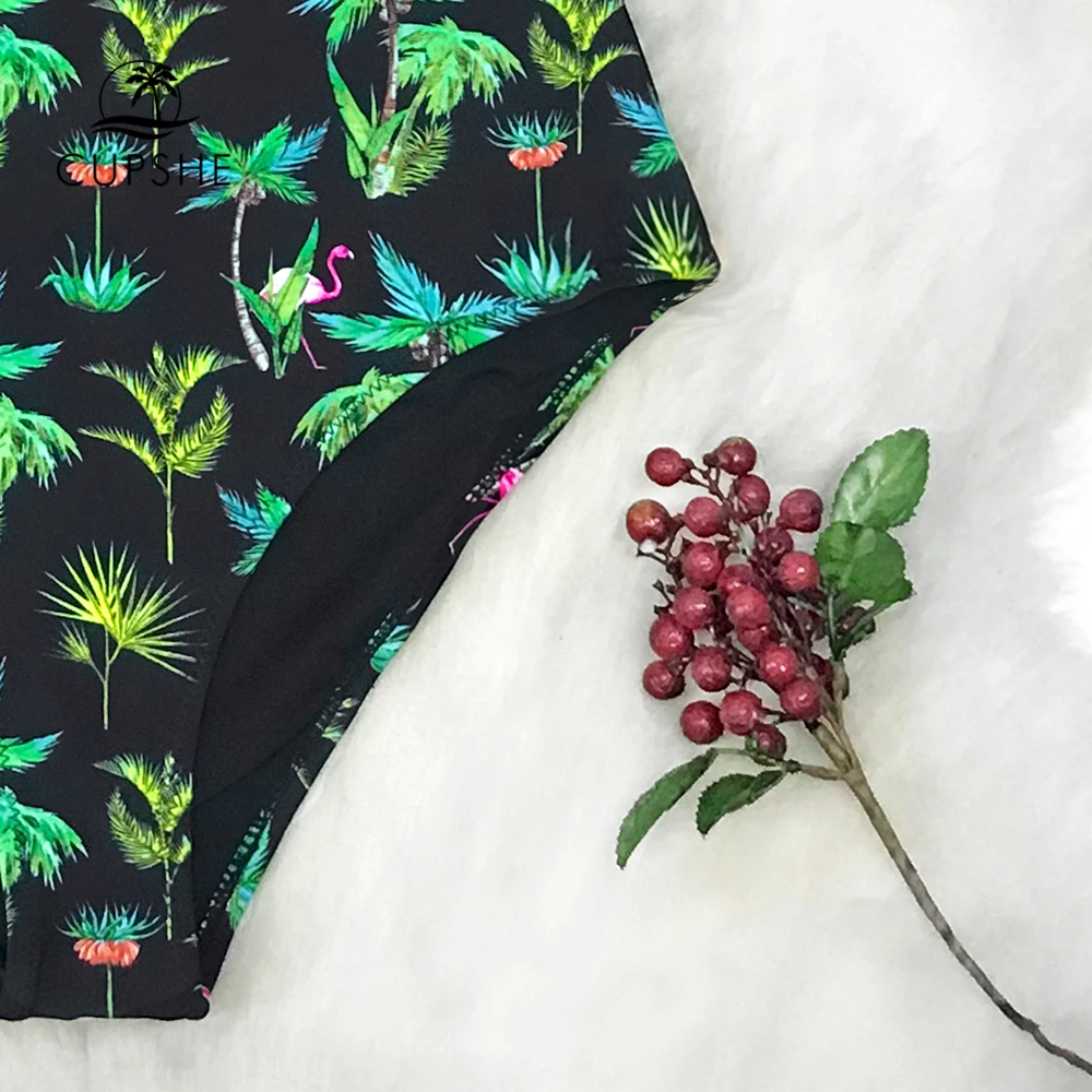 Billig CUPSHE Palm und Flamingo Print Einteiliges Badeanzug Frauen Sexy Monokini Badeanzüge 2020 Mädchen Strand Bademode