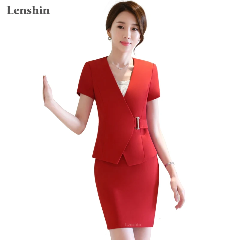 2 Pieces Office Skirt Suit Women Pencil Slim Style Red Short Sleeve