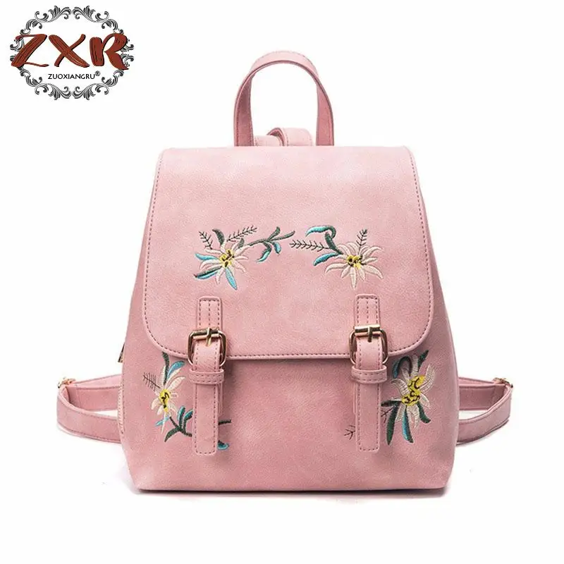 

Brand Women Leather Backpacks Female School Bags For Girls Rucksack Small Floral Embroidery Flowers Backpack Mochila