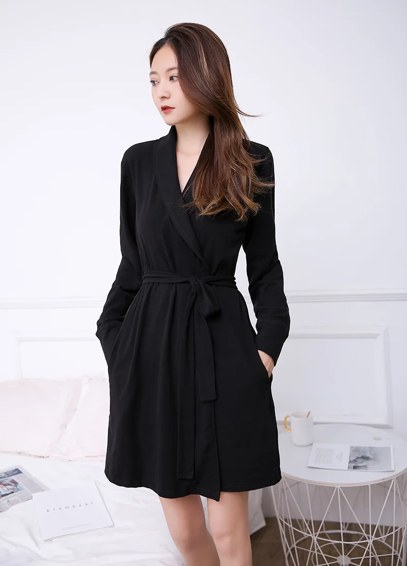 Spring Summer New Cotton Nightgown Women's Long-sleeved Tie Bathrobe Large Size Home Clothes Woman Cloak Black Sleepwear