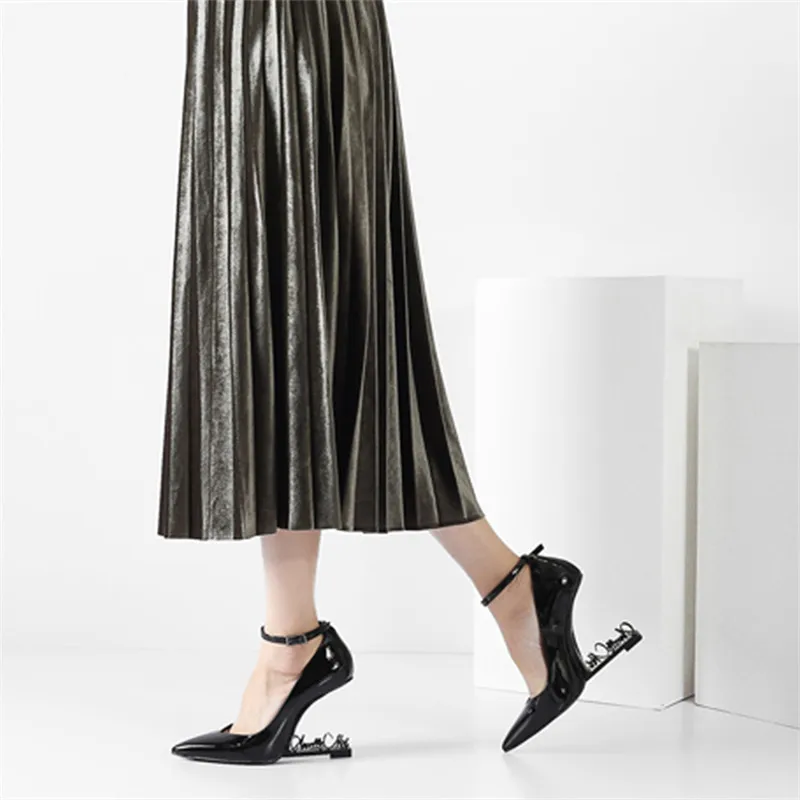 Ystergal Metal Letters Heel Women Pumps Patent Leather 10CM High Heels Mary Jane Black Wedding Dress Shoes Woman Stiletto