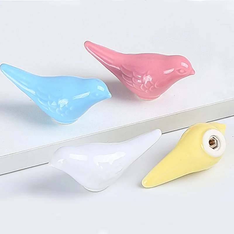 

Cute children's room cartoon handles bird white red yellow blue single hole knob free punching drawer hook and pull