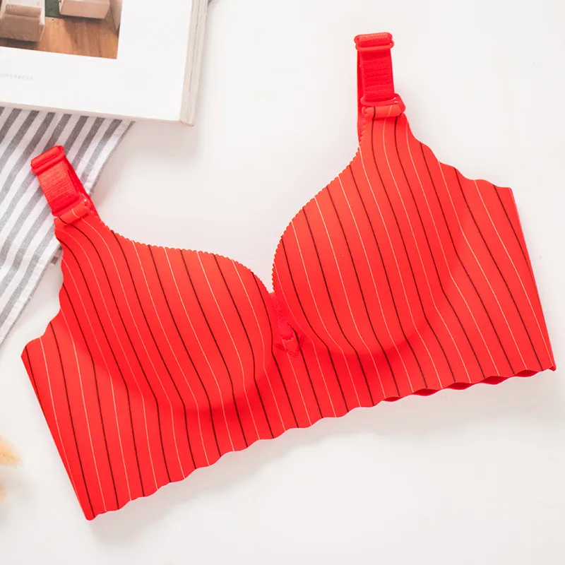 New one-piece vertical striped bra no trace comfortable girl gathered no steel ring thick underwear push up lingerie - Цвет: red