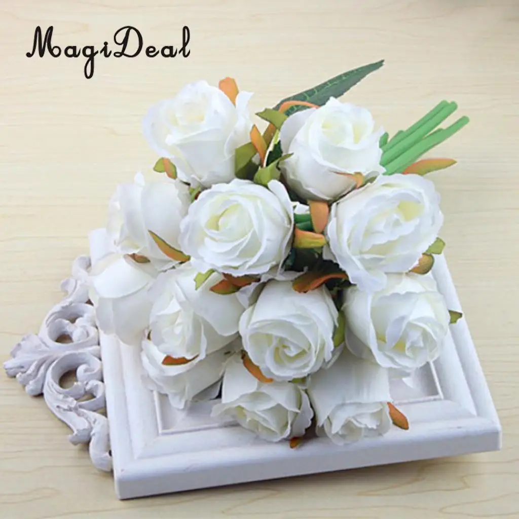 MagiDeal Artificial 12 Branch 25cm Rose Flower Bush Home Decor Wedding Floral Bouquet Potted Table Top Desk Centerpiece