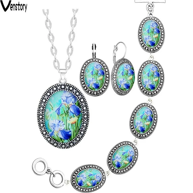

Flower Jewelry Set Antique Silver Plated Necklace Earrings Bracelet Fashion Jewelry TS417