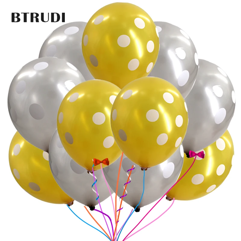 

40 pcs 12inch gold and silver Balloons with White Polka Dots Wedding Party Decoration round balloon decoration kids party