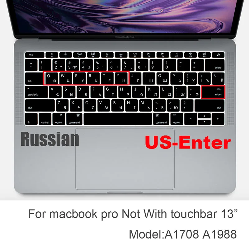 Русский ЕС и США-введите Клавиатура Обложка протектор для Macbook Pro 13Air 11 12 15 Сенсорная панель Модель A1706/A1466 A1707/A1990/A1398/A1534 - Цвет: 13pro A1708 US-Enter